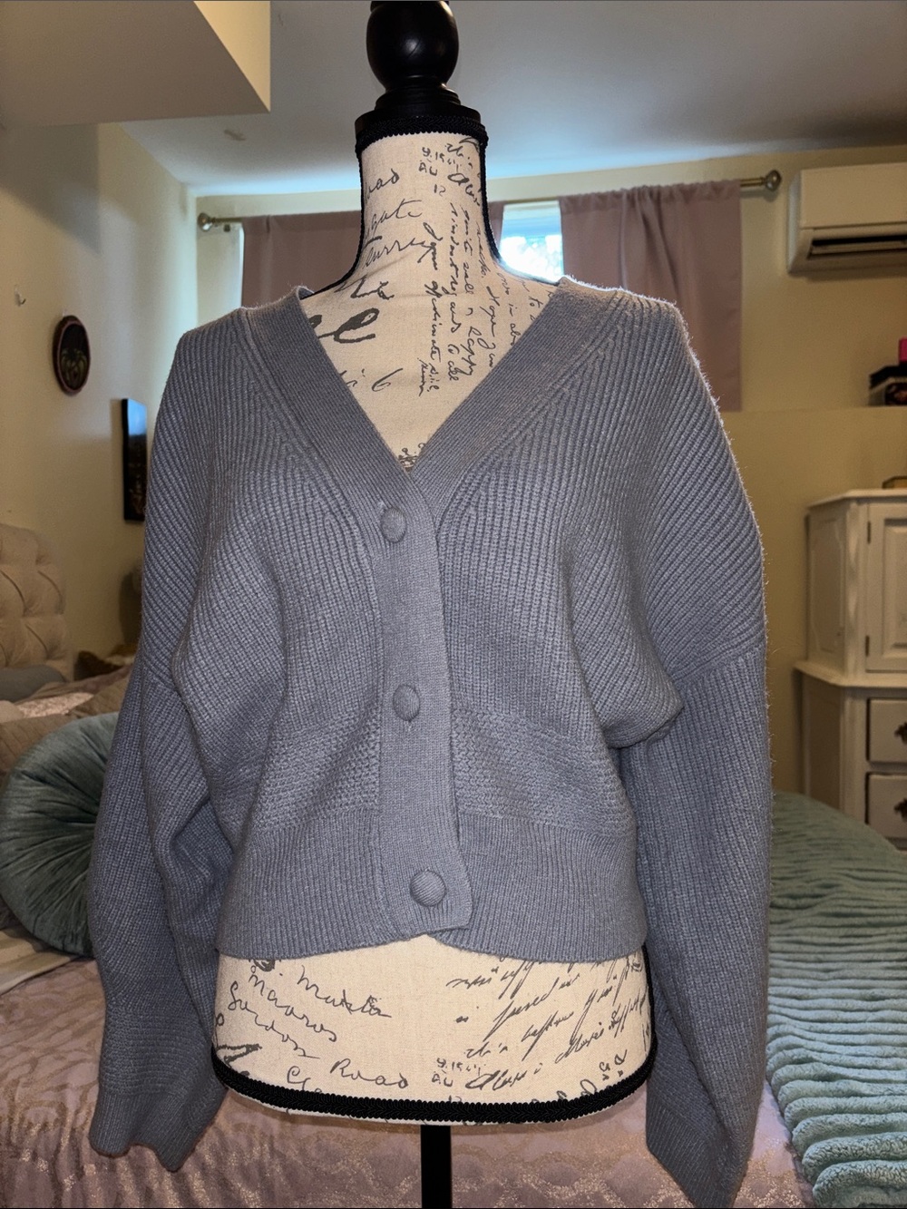 7 For All Mankind Gray Blue Button-Front Ribbed Sweater